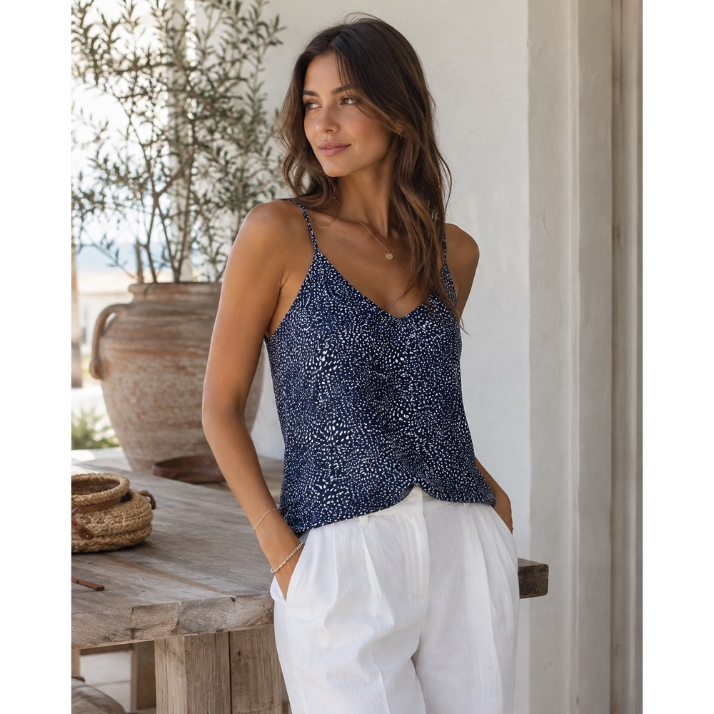Tahari Camisole Tank Top Sleeveless Navy White Print Medium V-Neck Blouse